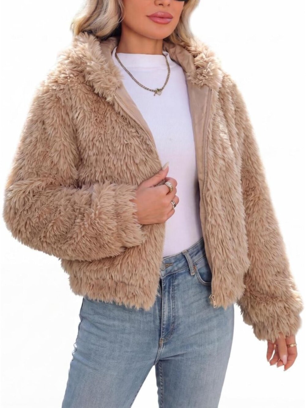 Women's Khaki High Spread Collar Hood Long Sleeve Full Zip Winter Fleece Jacket
